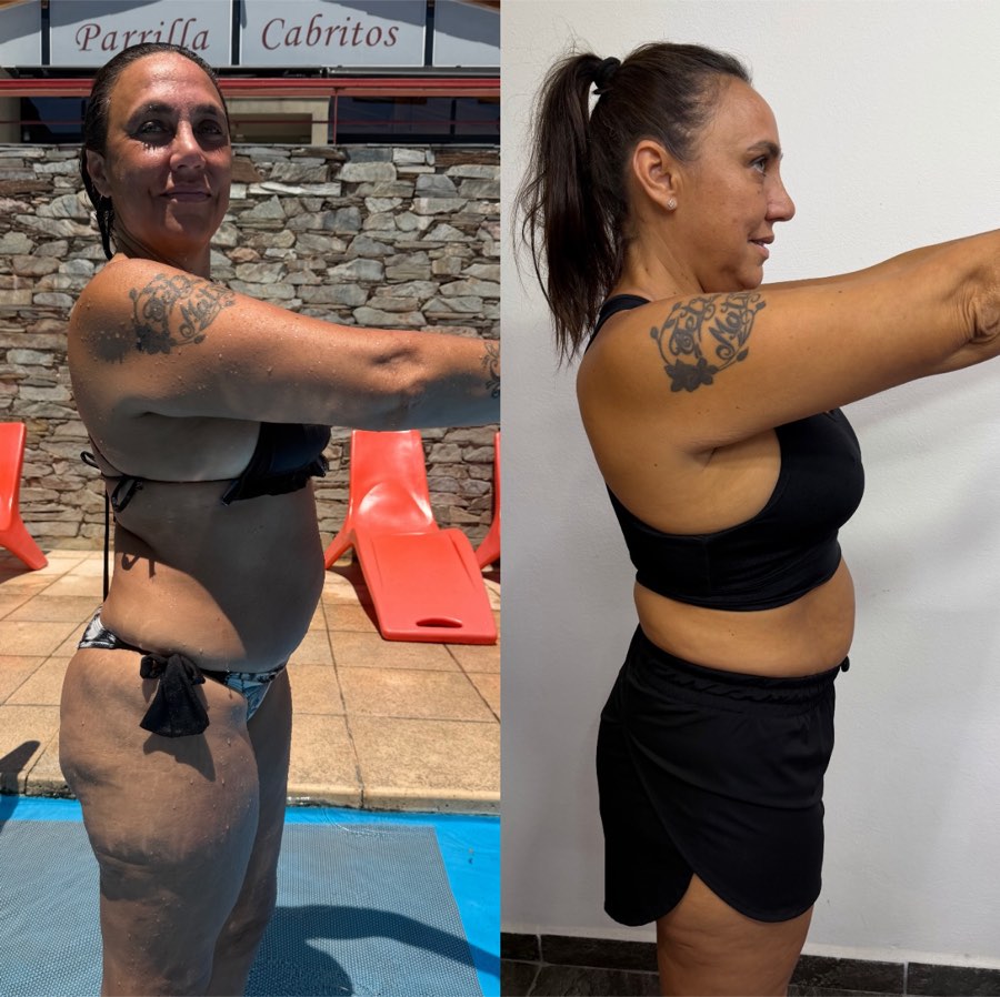 Vicky de perfil: a la izquierda en febrero de 2026 junto a la pileta, a la derecha dos meses después con la cintura marcada y los hombros definidos.